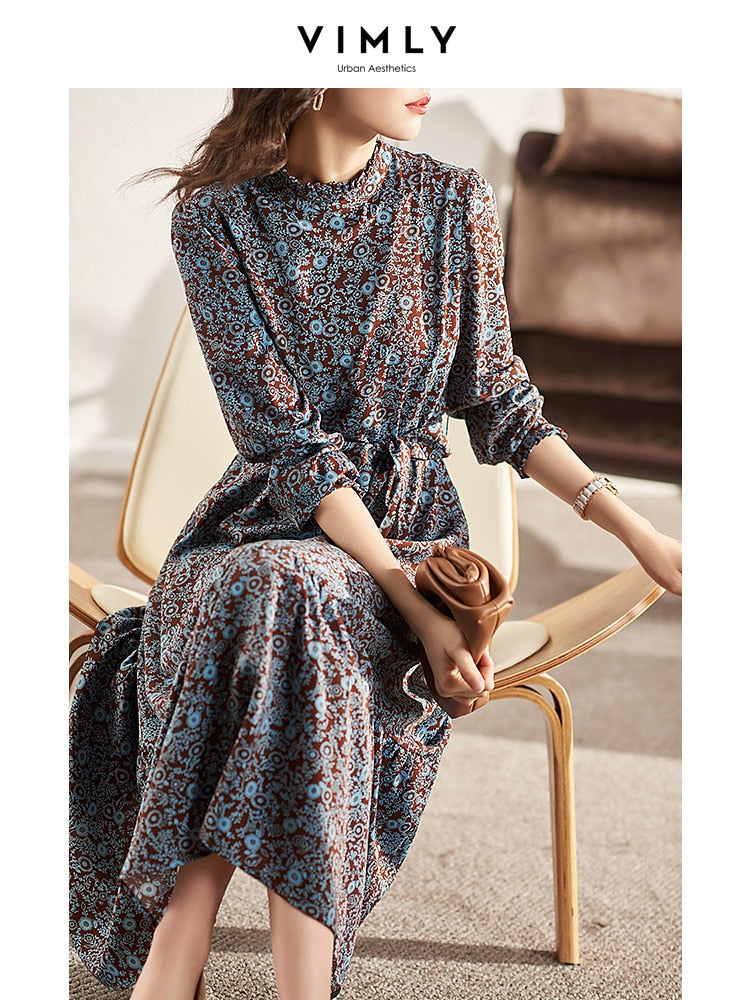 Vimly Long Sleeve Floral Dress Women 2021 Autumn Elegant Vintage