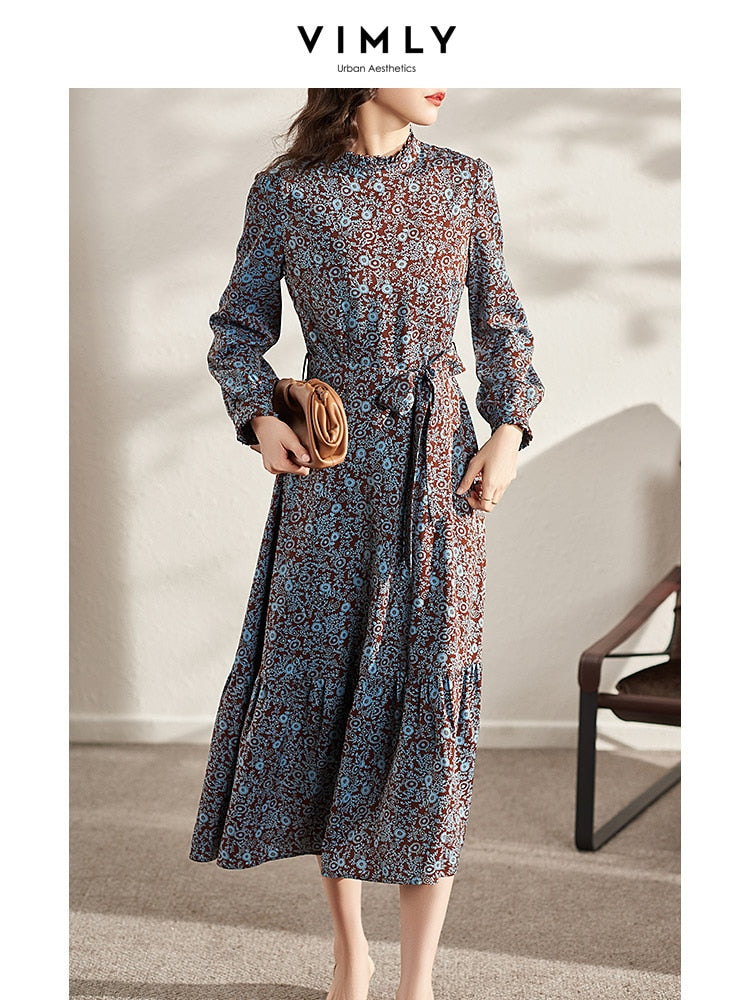 Vimly Long Sleeve Floral Dress Women 2021 Autumn Elegant Vintage