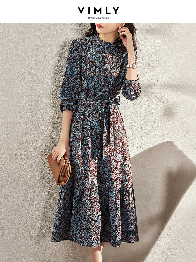 Vimly Long Sleeve Floral Dress Women 2021 Autumn Elegant Vintage