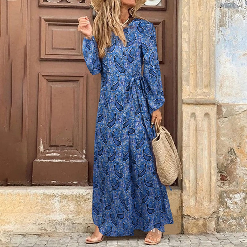 Winter Autumn Fashion Women V Neck Print Long Dress Casual Irregular