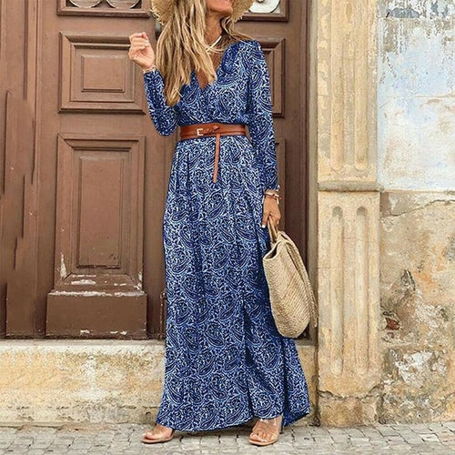 Winter Autumn Fashion Women V Neck Print Long Dress Casual Irregular