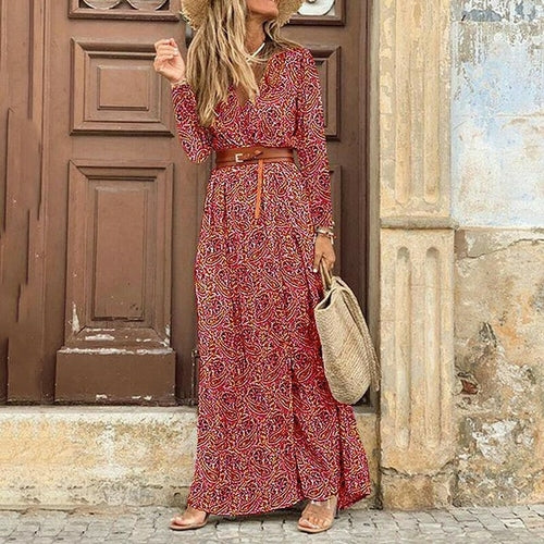 Winter Autumn Fashion Women V Neck Print Long Dress Casual Irregular