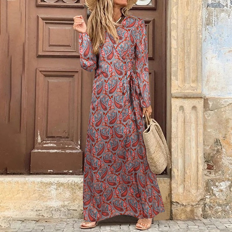 Winter Autumn Fashion Women V Neck Print Long Dress Casual Irregular