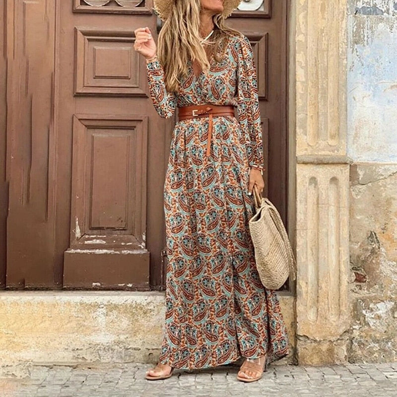 Winter Autumn Fashion Women V Neck Print Long Dress Casual Irregular