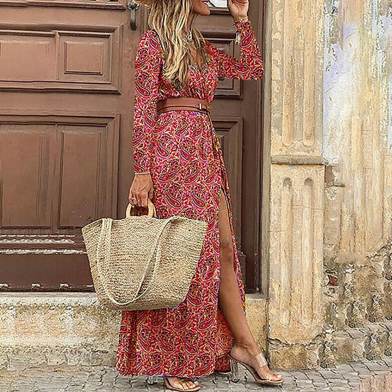 Winter Autumn Fashion Women V Neck Print Long Dress Casual Irregular