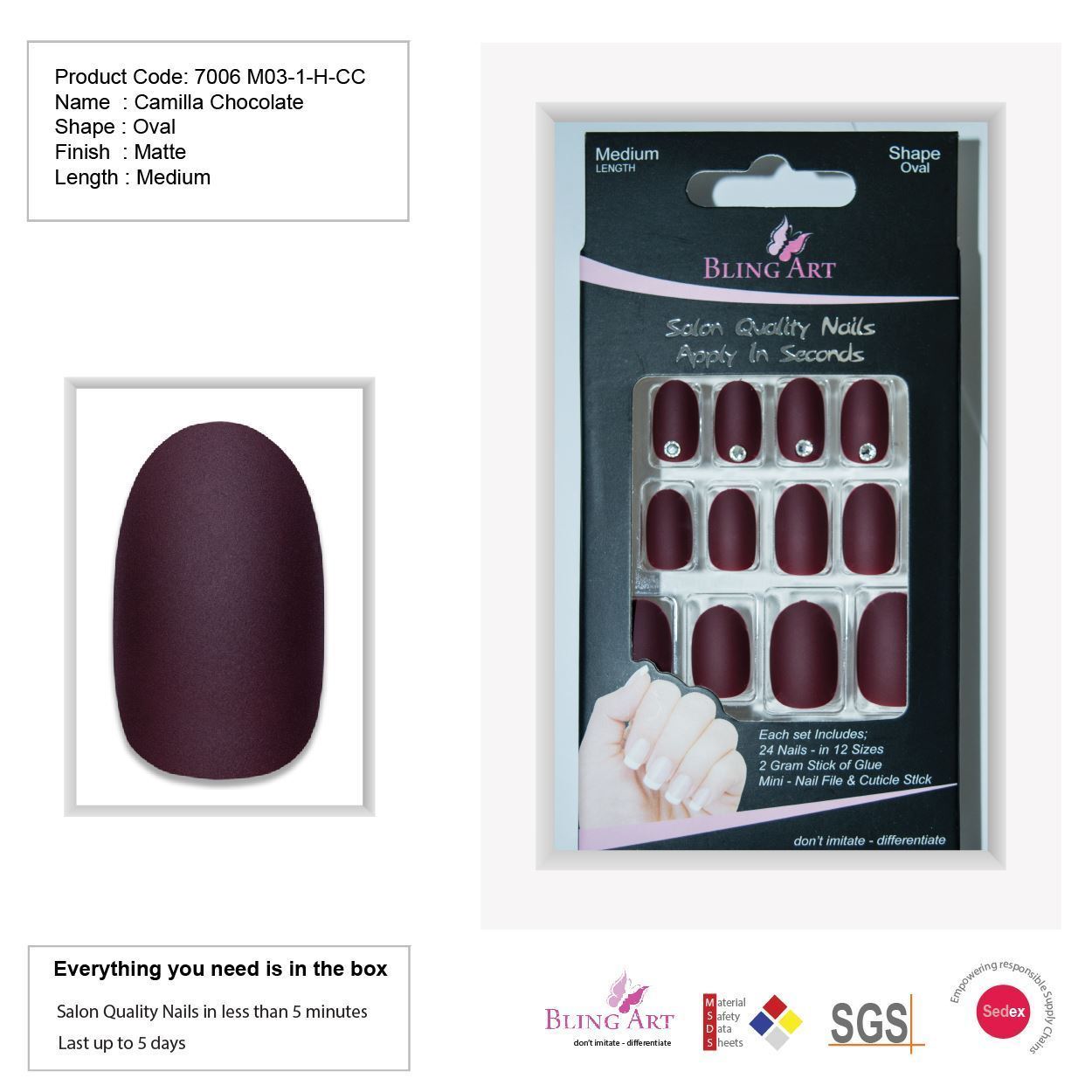 False Nails by Bling Art Brown Matte  Oval Medium Fake Acrylic Tips