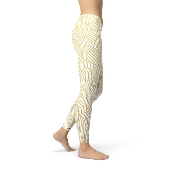 Womens White Leggings w/ Geometric Cubes