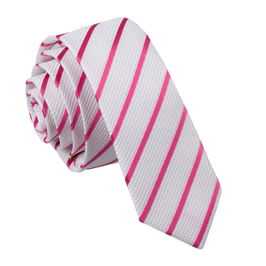 Single Stripe Skinny Tie - Ivory & Hot Pink